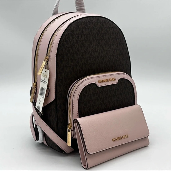 Michael Kors Medium Jaycee Zip Packet Backpack & Trifold Wallet Powder Blush - Picture 3 of 10